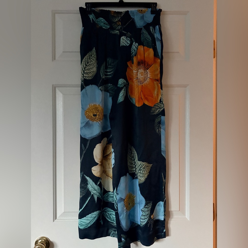 Maeve Navy Silk Pants with Orange and Blue Floral Design